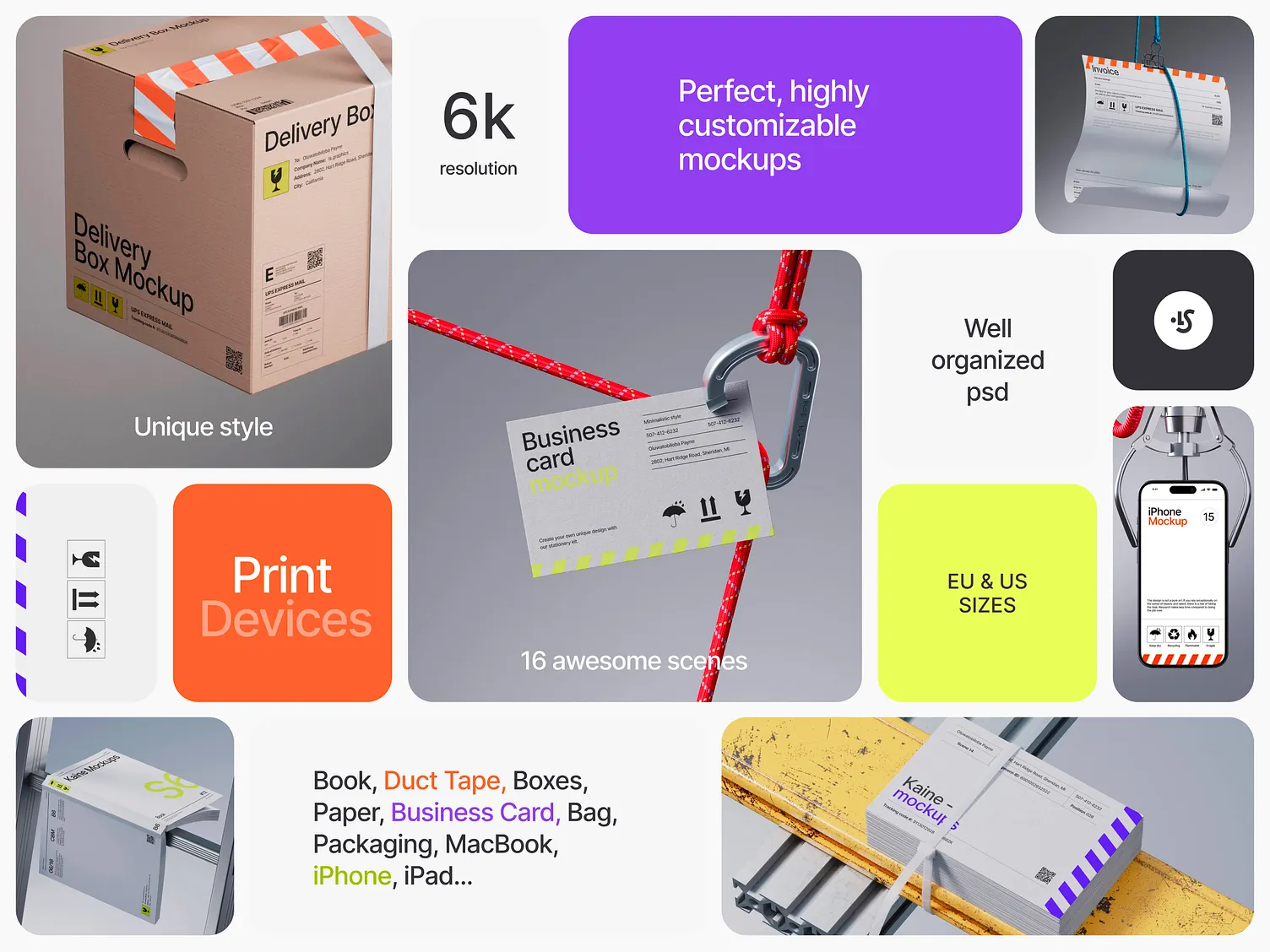 Collage of customizable print device mockups including delivery box, business card, and iPhone in 6k resolution.
