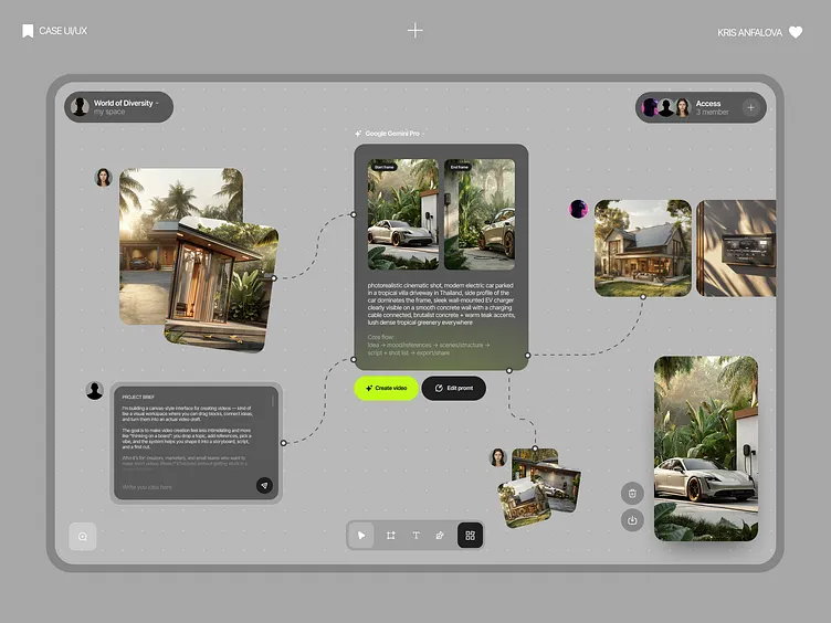UI design showing a project workspace with images of modern houses, text, and editing options on a gray grid.