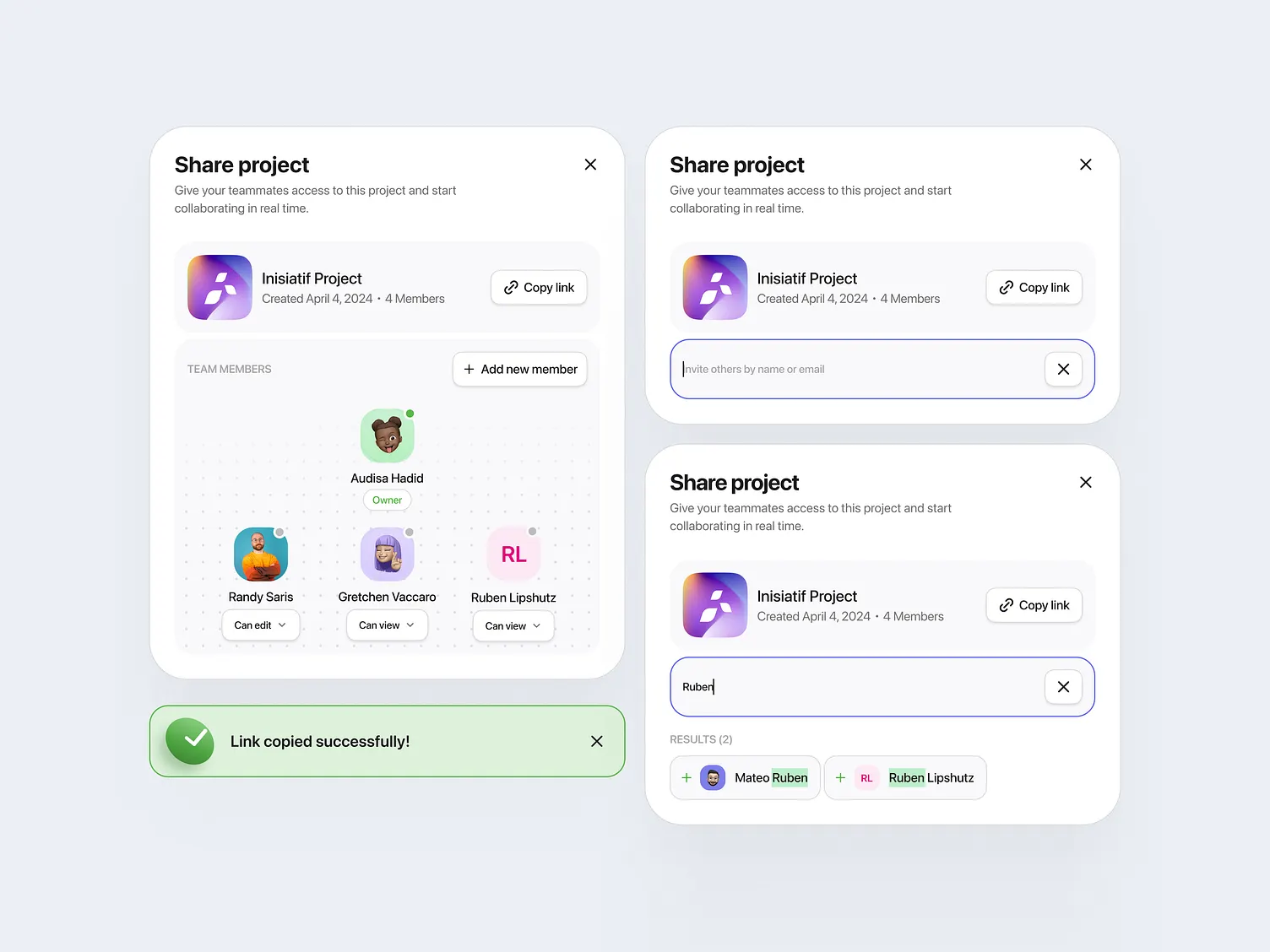User interface showing project sharing with team members, link copy confirmation, and member search results.
