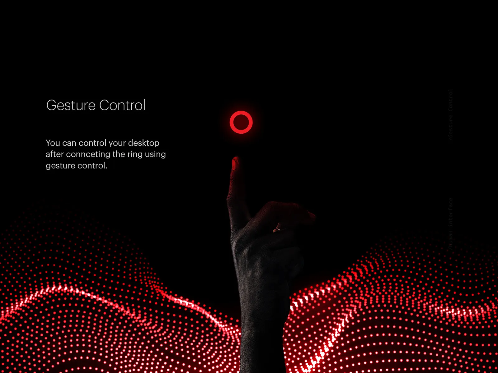 Hand with index finger pointing up toward glowing red circle, with red digital dots wave below.
