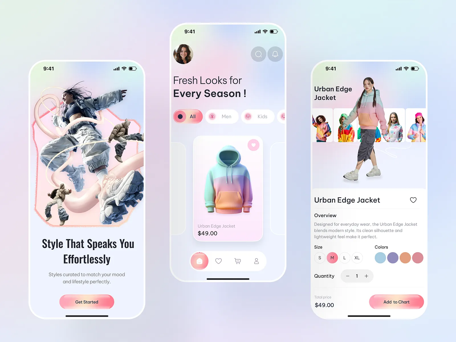 Three mobile screens showing a fashion app with styles, a hoodie for $49, and Urban Edge Jacket details.
