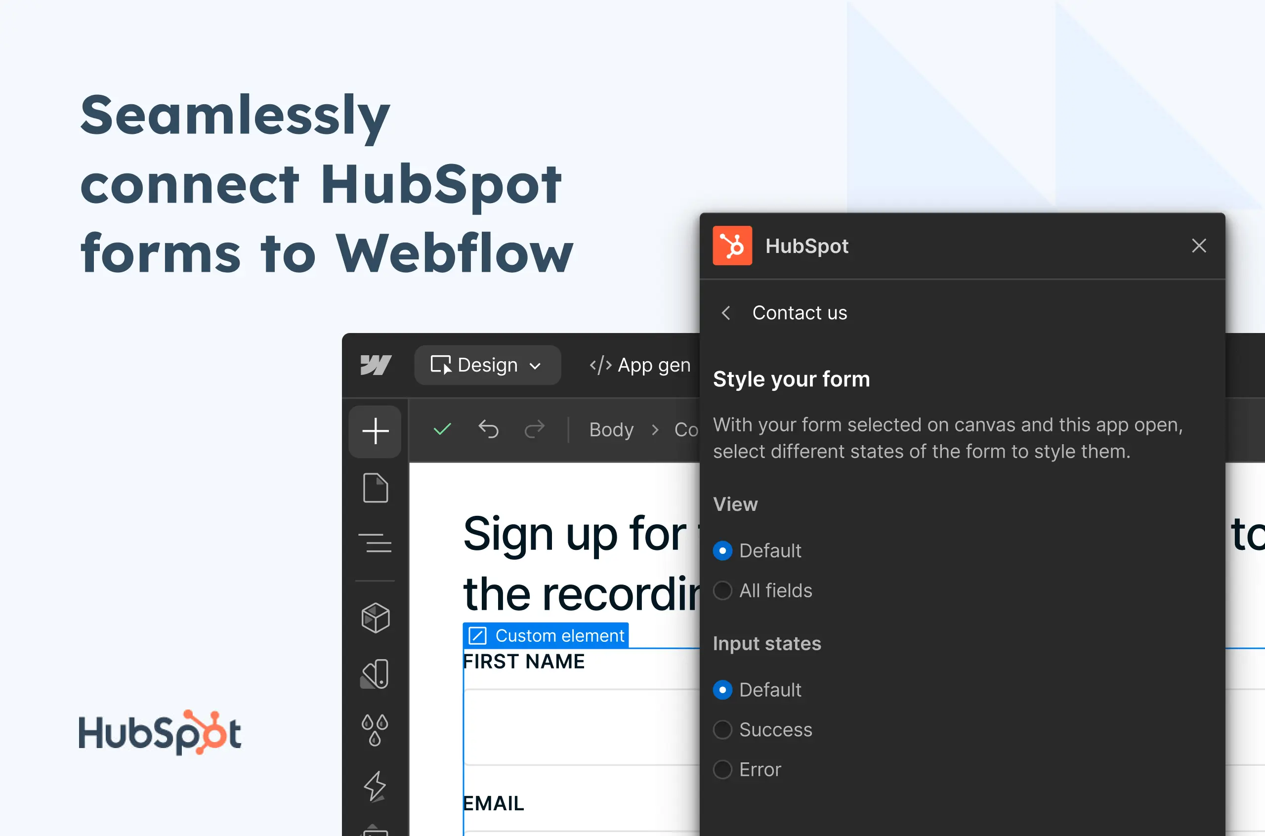 Interface showing HubSpot form styling options within Webflow with fields for first name and email.