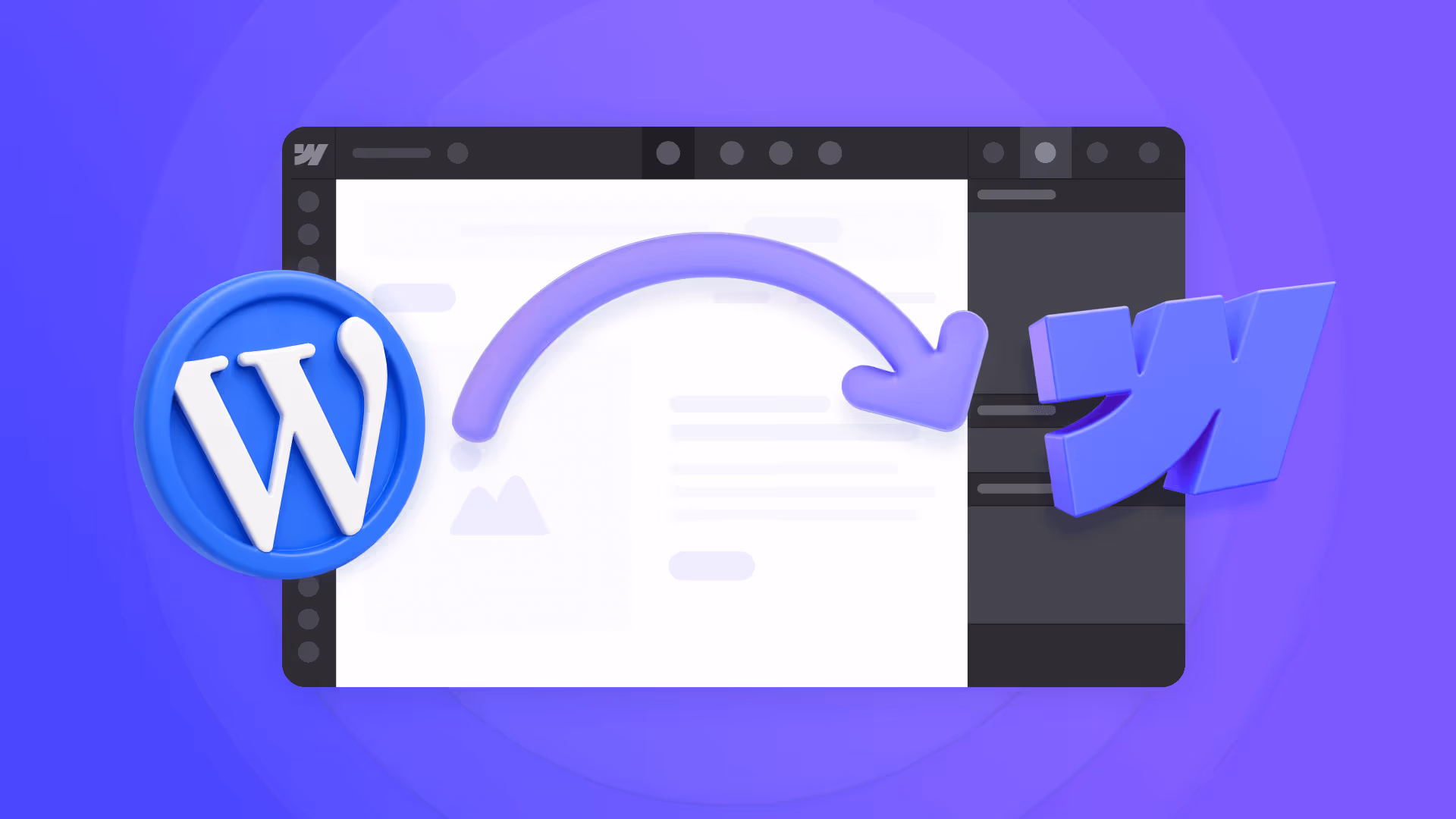 WordPress logo with an arrow pointing to Webflow's logo over a website editor interface.