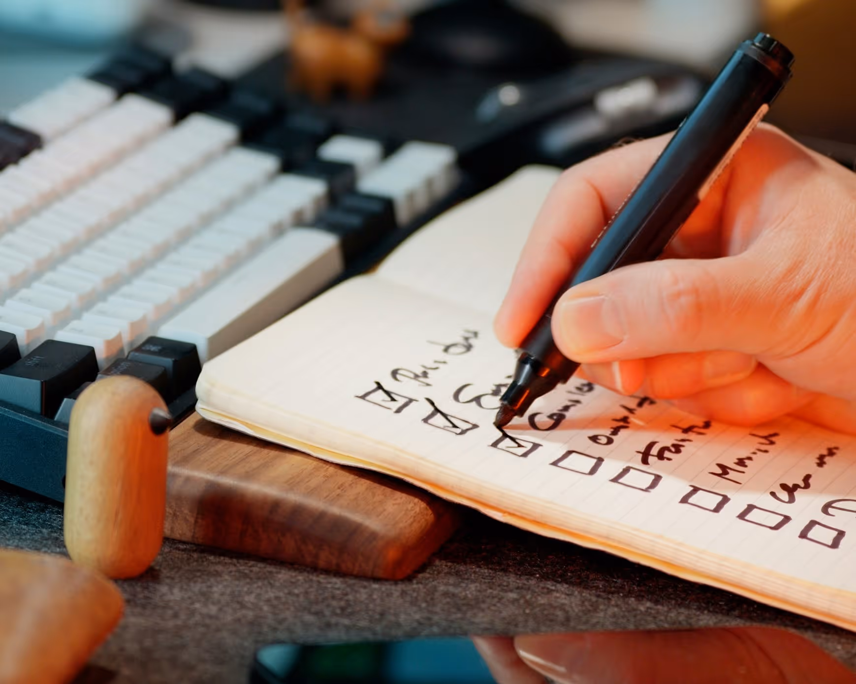 Person marking checkboxes on a handwritten to-do list next to a keyboard on a desk.
