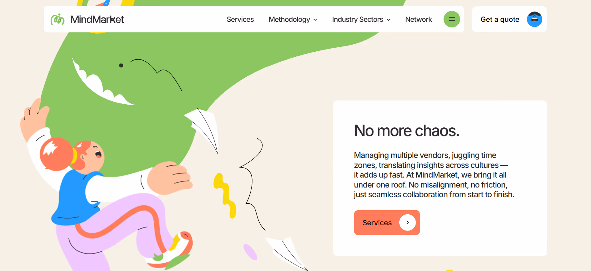Illustration of a person throwing papers at a smiling green dragon with text about MindMarket services.