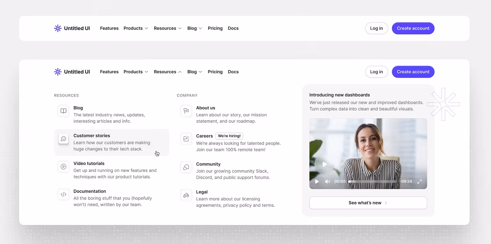 Website header and footer with navigation links, resources, company info, and a video introduction panel.