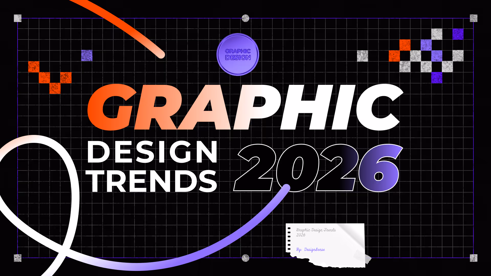 Text Graphic Design Trends 2026 with colorful shapes and grid background.