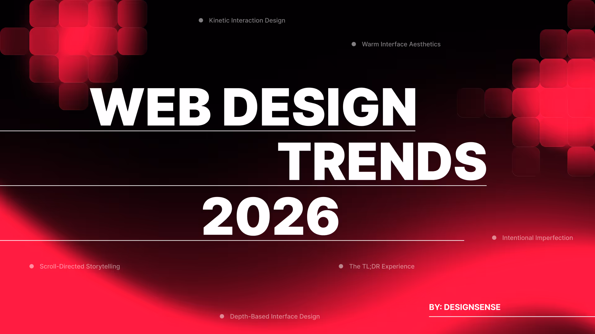 Black and pink background with text listing 2026 web design trends by DesignSense.