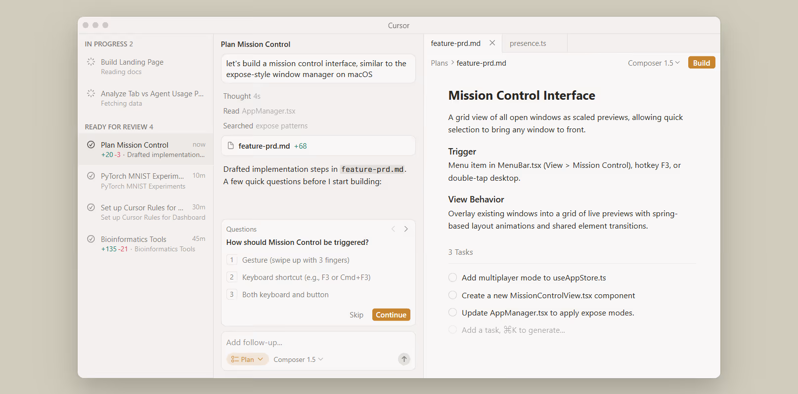 Mission control interface plan with tasks, questions on triggers, and markdown documentation preview in app.