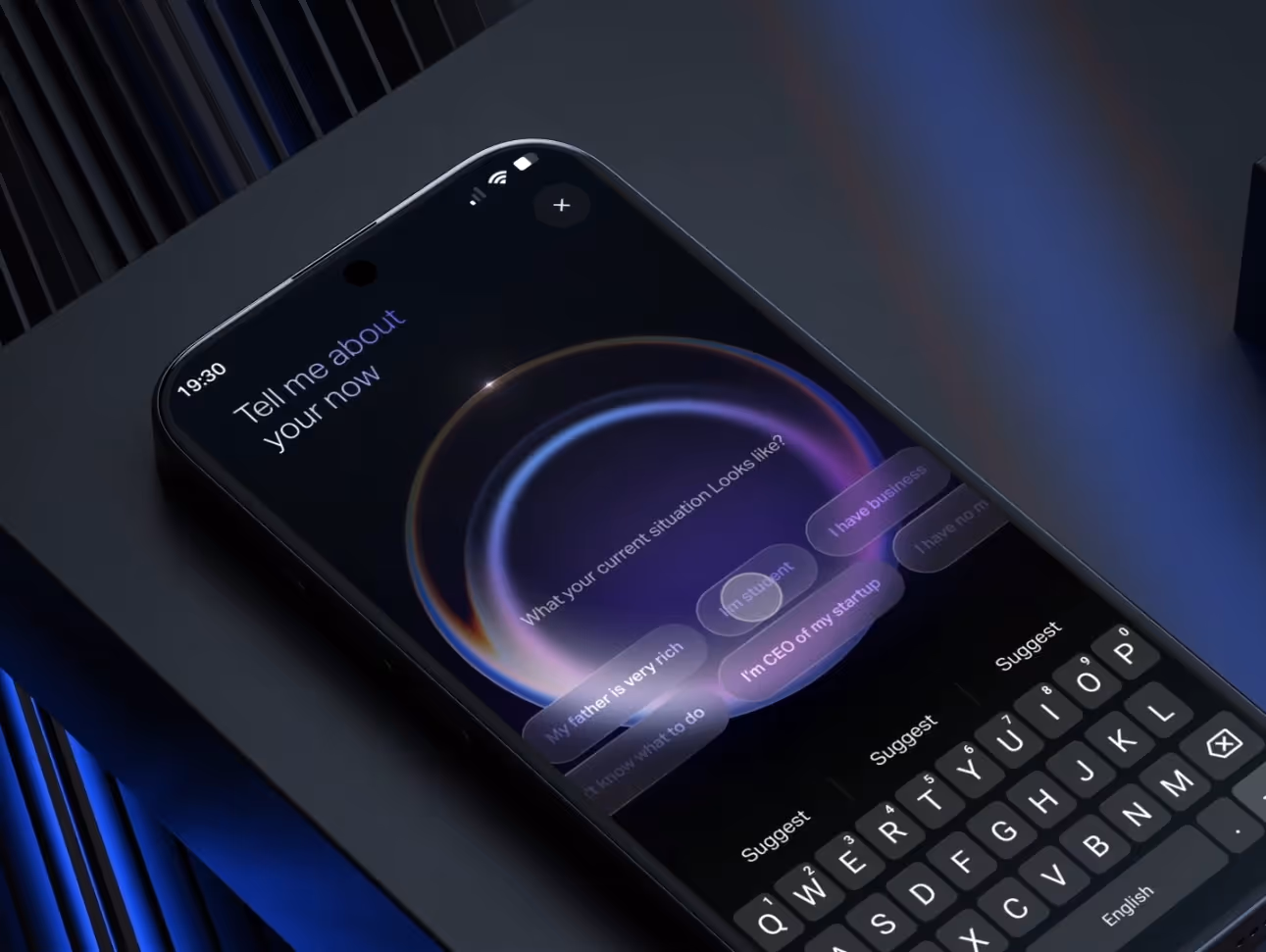 Smartphone screen showing a chat interface with text suggestions and a keyboard in low light.