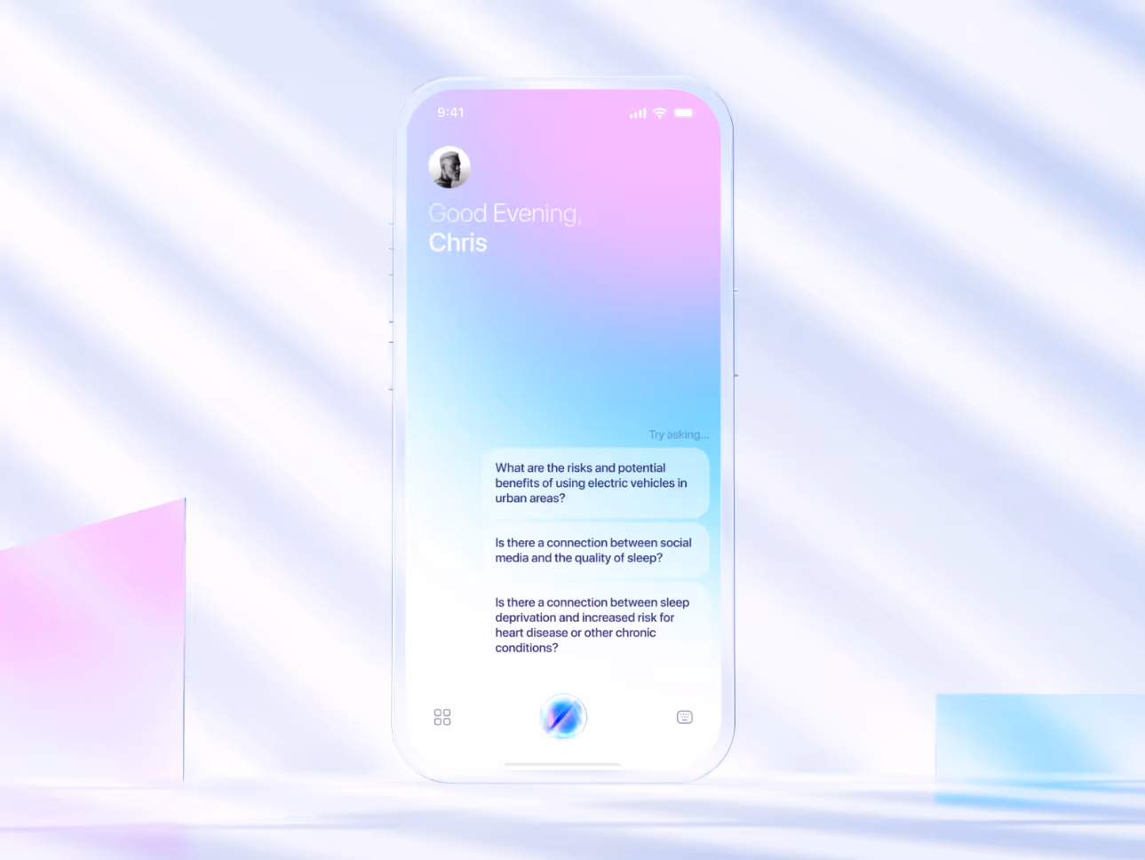 Smartphone with gradient screen showing greeting and questions about electric vehicles, social media, and sleep.