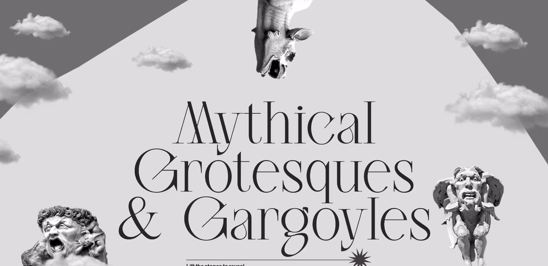 Black and white image with Mythical Grotesques & Gargoyles text and three eerie stone sculptures of faces.