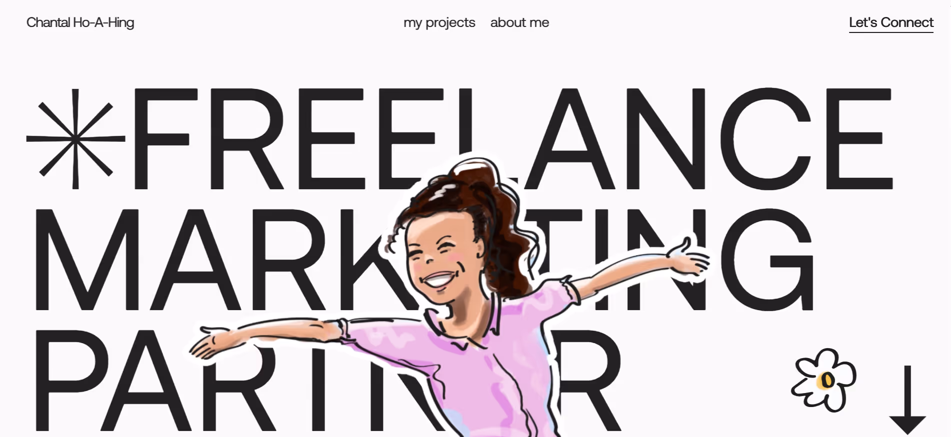 Illustration of a smiling woman with open arms in front of large text reading freelance marketing partner.