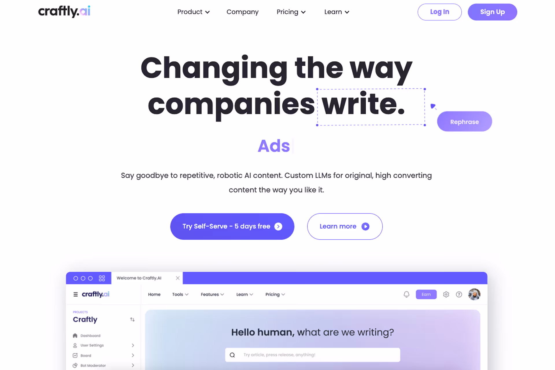 Website homepage of craftly.ai showing AI writing tool interface and tagline about changing company writing.