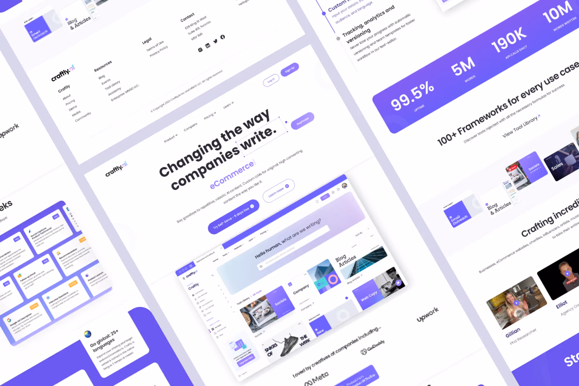 Website layout showcasing AI writing tool features, stats, user reviews, and navigation elements.