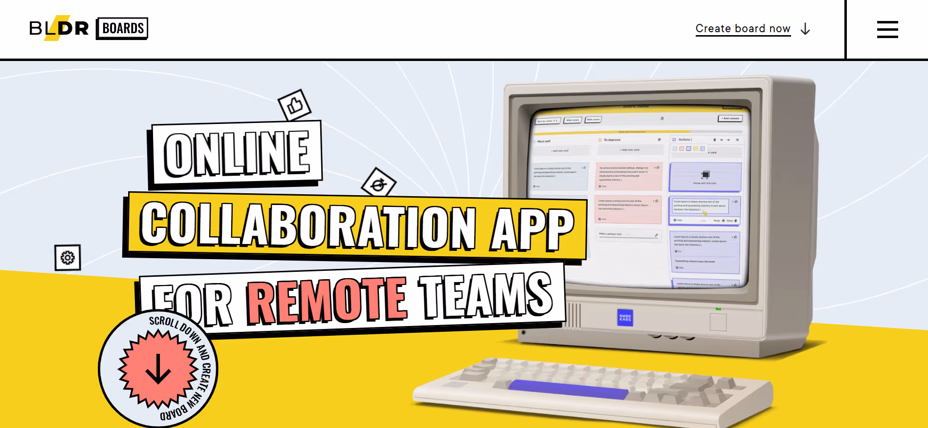 Vintage monitor and keyboard displaying an online collaboration app for remote teams on yellow background.