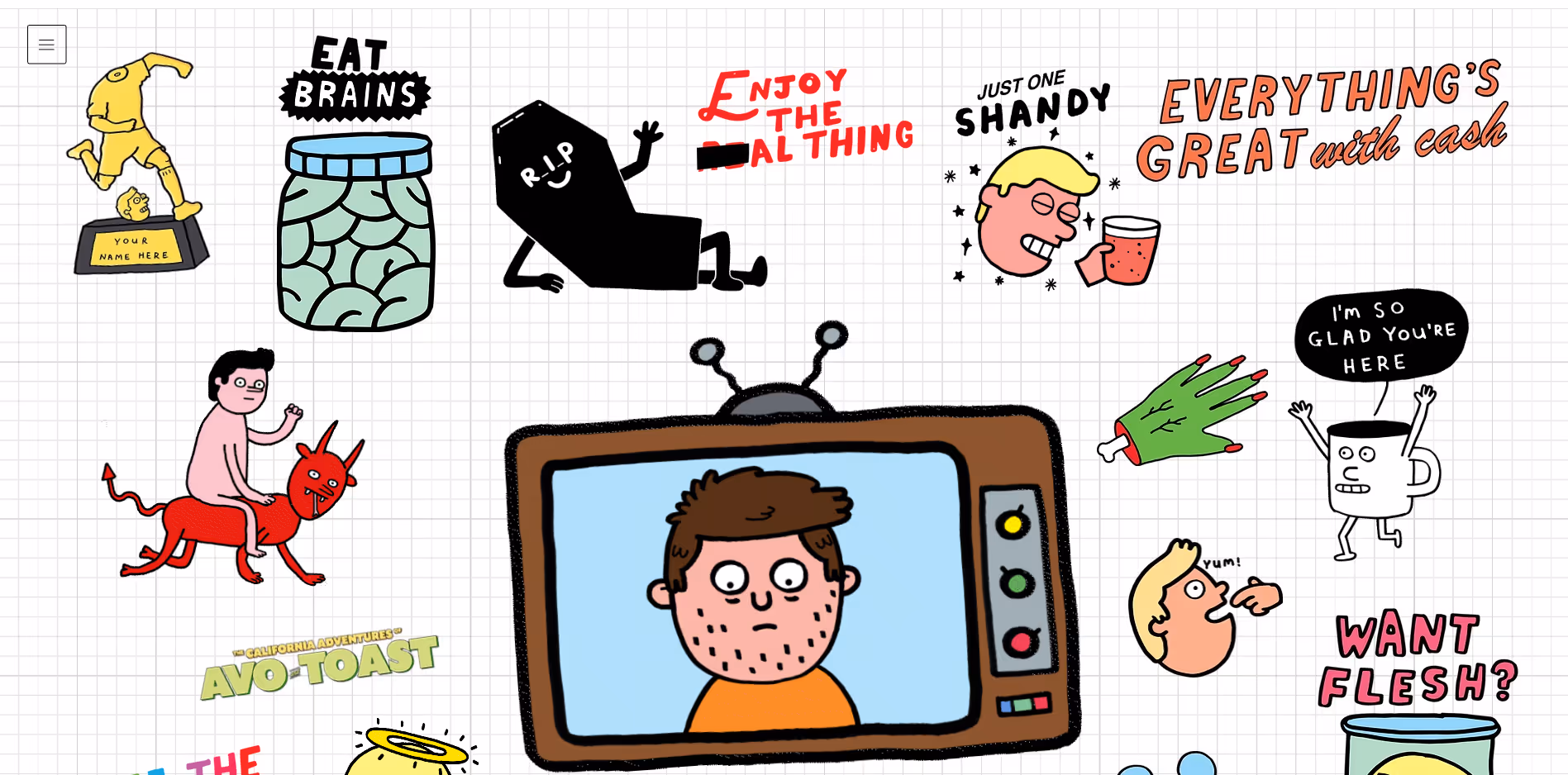 Cartoon collage featuring objects and characters with phrases like Eat Brains, Want Flesh?, and a man on TV.
