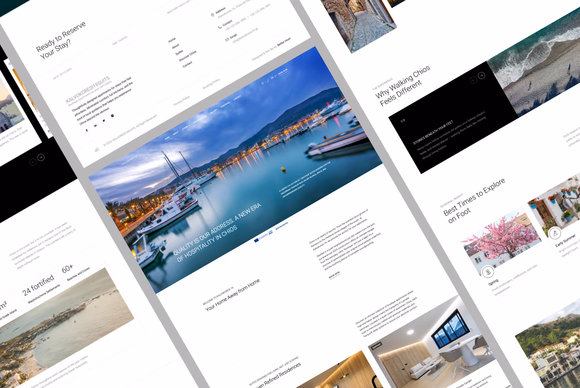 Website layout showing a harbor at dusk, travel articles, and accommodation details for Chios hospitality.