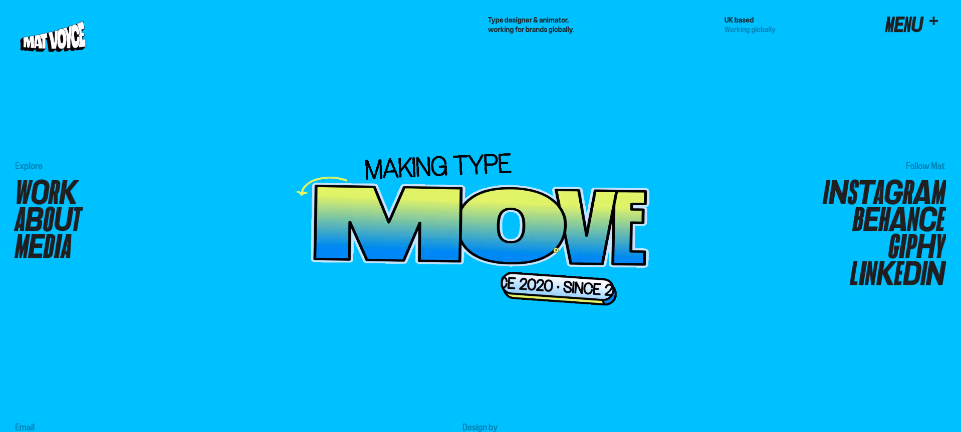 Blue background with gradient text MOVE, menu items, and social media links in black font.