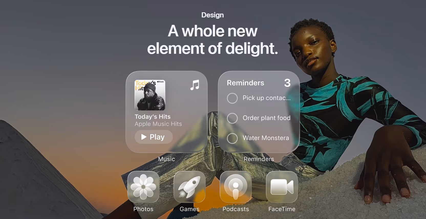 Person in patterned shirt sits outside at sunset with music and reminders app widgets displayed.