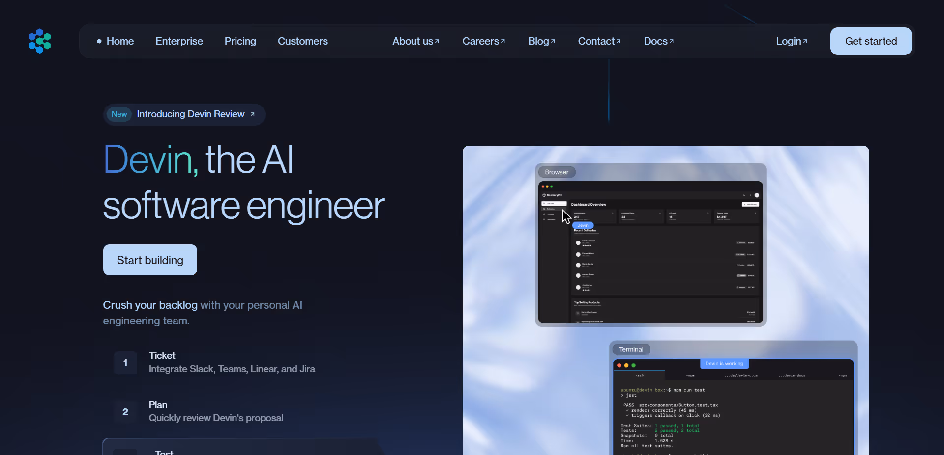 Website homepage introducing Devin, an AI software engineer, with dashboard and terminal interface screenshots.