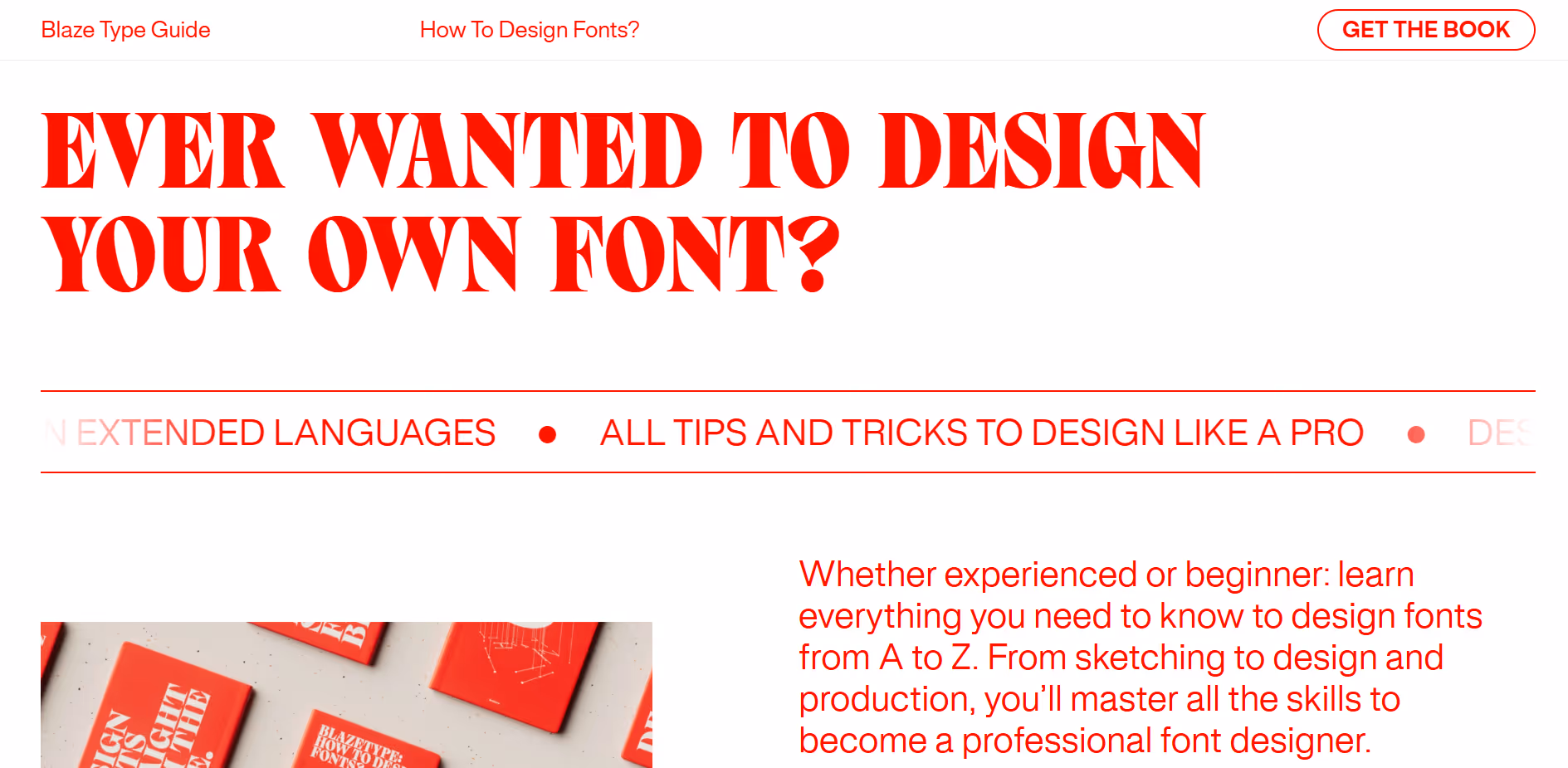 Red text asking if you've ever wanted to design your own font with a red 'Get the Book' button.