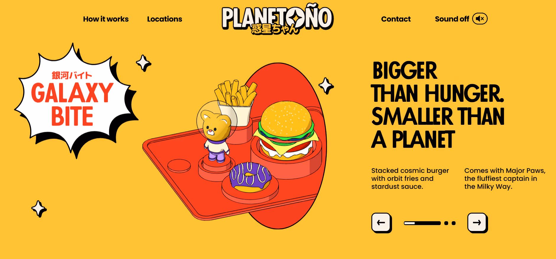 Red tray with fries, cheeseburger, purple donut, and bear toy against yellow background with Galaxy Bite text.