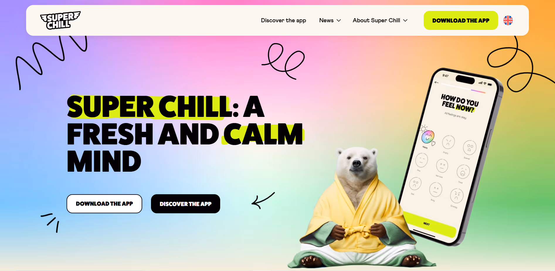 Polar bear in a yellow robe meditating next to phone showing mood tracking app screen.