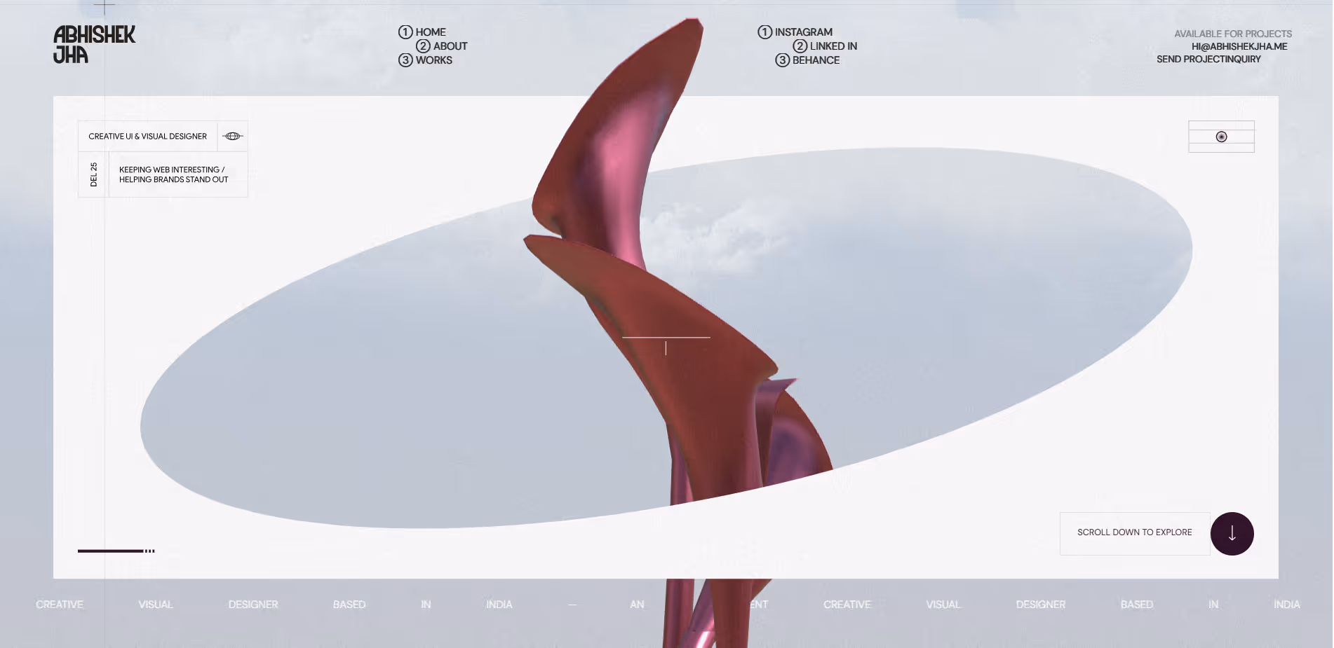 Website homepage with abstract purple sculpture and navigation for Abhishek Jha, creative UI and visual designer.