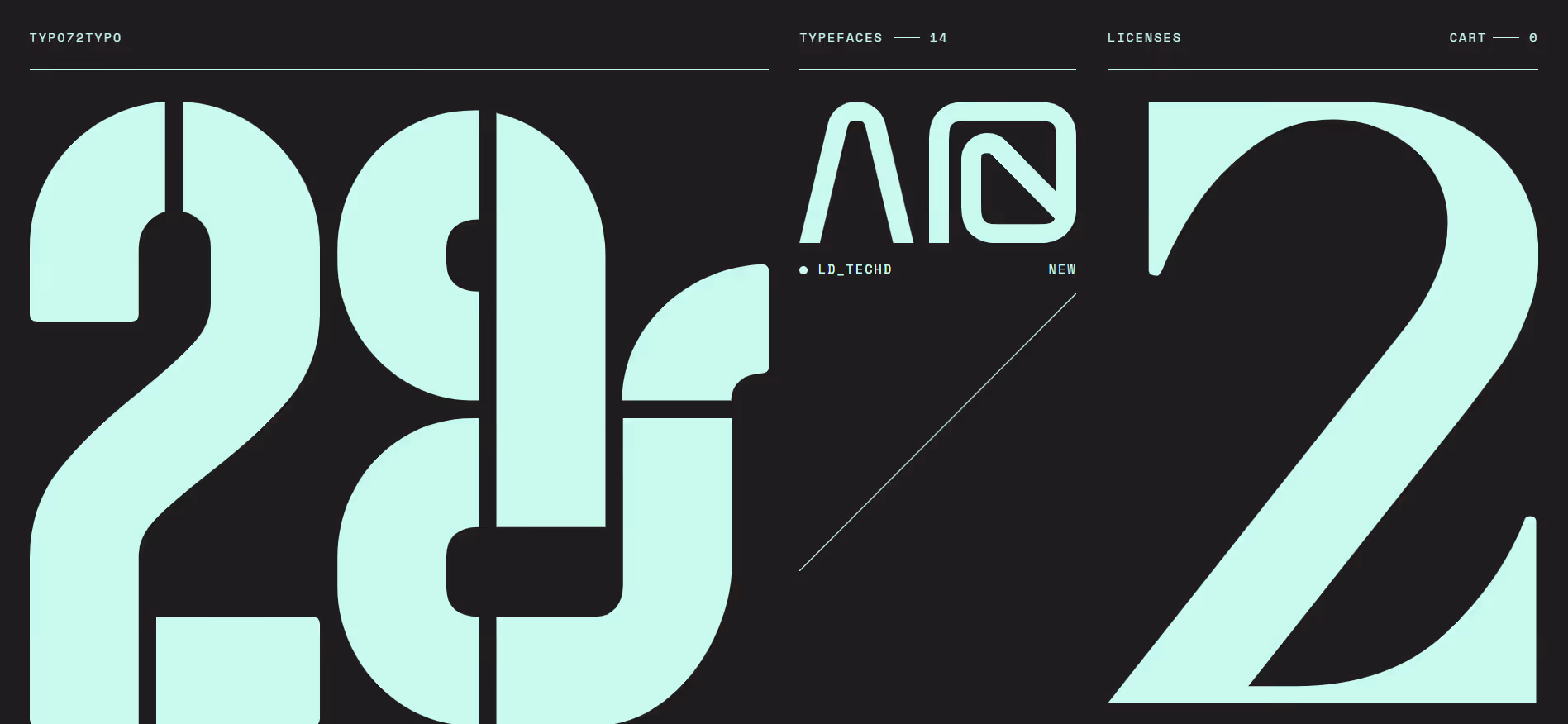 Typography design with large layered numbers 29 and 72 in light blue on black background.